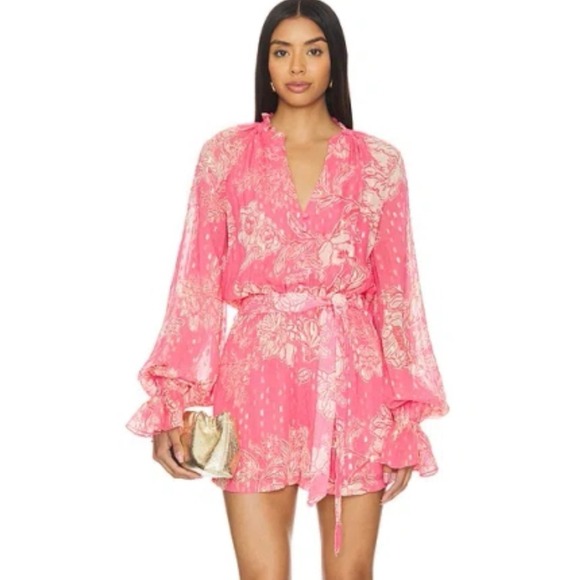 Hemant and Nandita Pants - Hemant and Nandita Pink Floral Gold Lurex Long Sleeve Romper Boho Mini Dress L